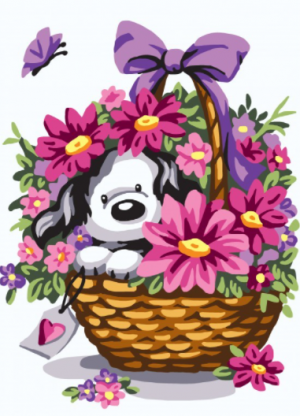 Collection D'Art 6308 Puppy in Basket of Flowers Tapestry