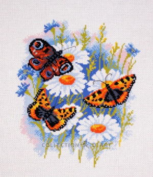 Printered Aida PA0624 - Butterflies on the daisies, Cross Stitch Patterns