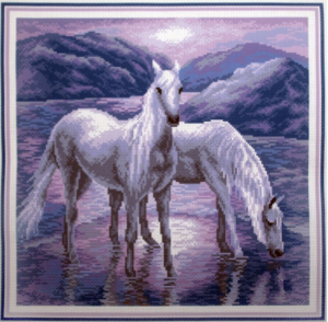 Printer Aida-PA1032 Moonlight Horses; Cross Stitch Pattern; 14 Count