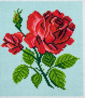 Printer Aida - PA1062 Red Rose with Leaves; Cross Stitch Pattern; 14 Count